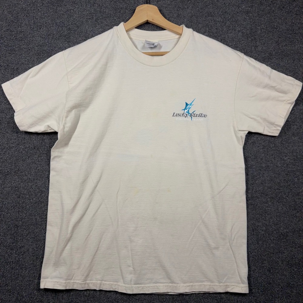 VTG 90s Hanes Beefy-T Shirt Mens Large Lucky Strike Fishing Pin Up Graphic Tee